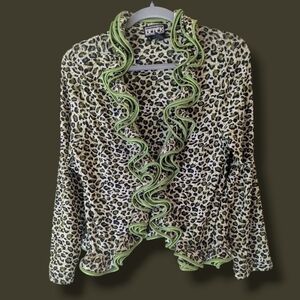 The Collective Works Of Berek Neon Green Leopard Print Ruffle Cardigan Retro Y2K